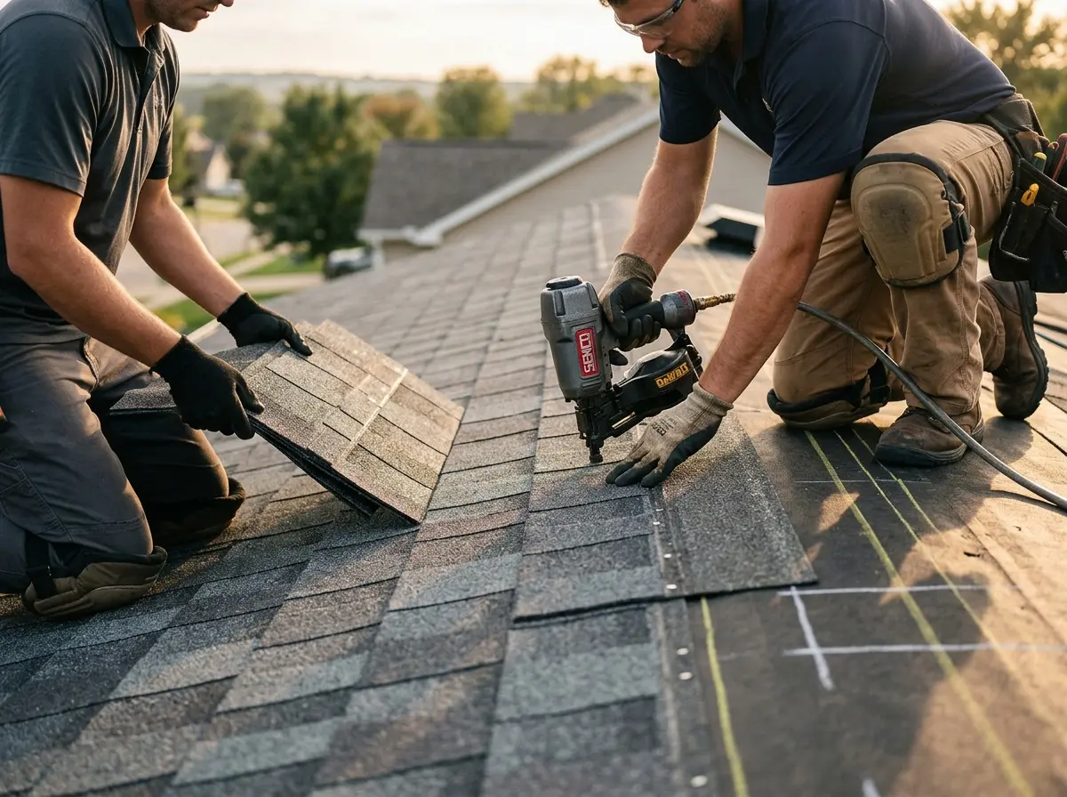 Professional roofer working on a residential roof in Johnstown